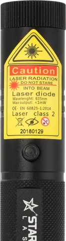 Puntero láser rojo recargable R1 Pro – primer plano de la etiqueta de advertencia con la clase láser