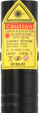 Puntero láser rojo compacto recargable R2 Pro – primer plano de la etiqueta de advertencia con la clase láser