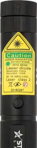 Puntero láser verde G1 Pro – primer plano de la etiqueta de advertencia con la clase láser