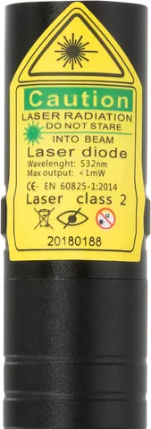 Puntero láser verde compacto recargable G2 Pro – primer plano de la etiqueta de advertencia con la clase láser