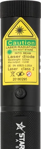 Puntero láser verde recargable G3 Pro – primer plano de la etiqueta de advertencia con la clase láser