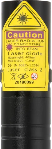 Puntero láser violeta compacto recargable V2 Pro – primer plano de la etiqueta de advertencia con la clase láser